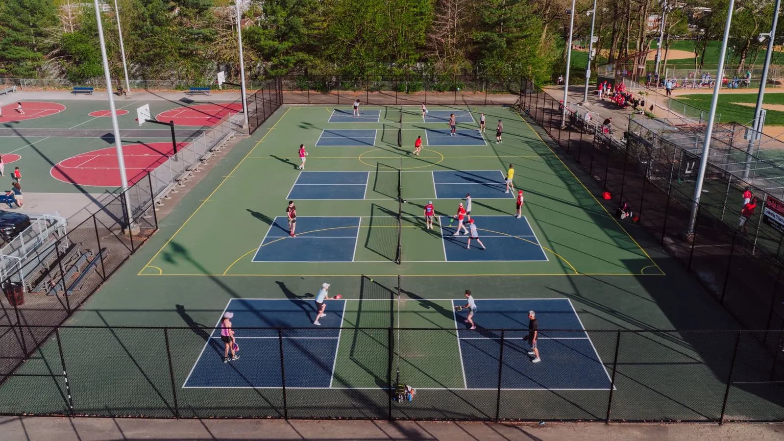 Aerial view of outdoor pickleball courts
